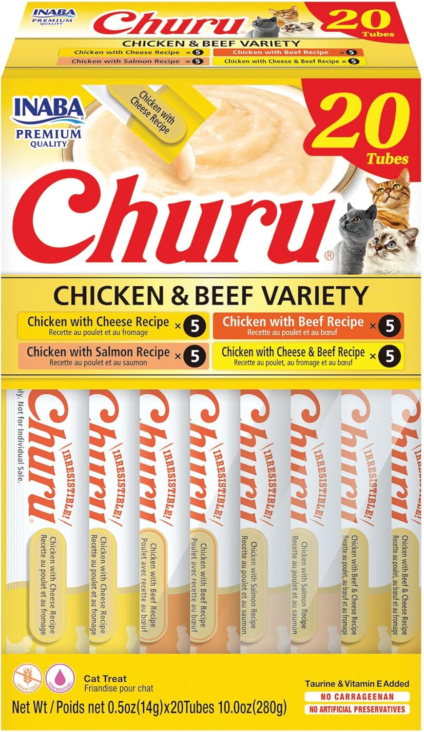 Inaba Churu creamy puree lickable cat treats variety pack with chicken and tuna flavors, 20 tubes